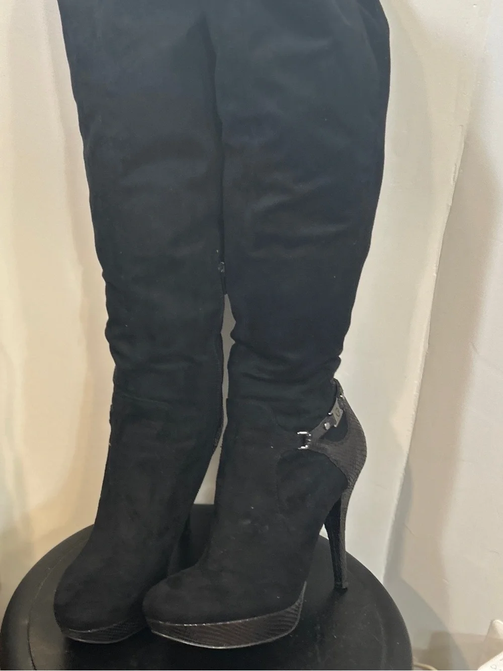 Guess Black Suede Over-the-Knee Platform Stiletto Boots with Textured Heel